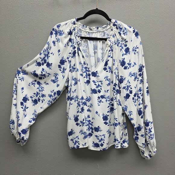 Old Navy Tops - Old Navy Blouse Womens Large Tall White Blue Floral Peasant V-Neck Long Sleeve